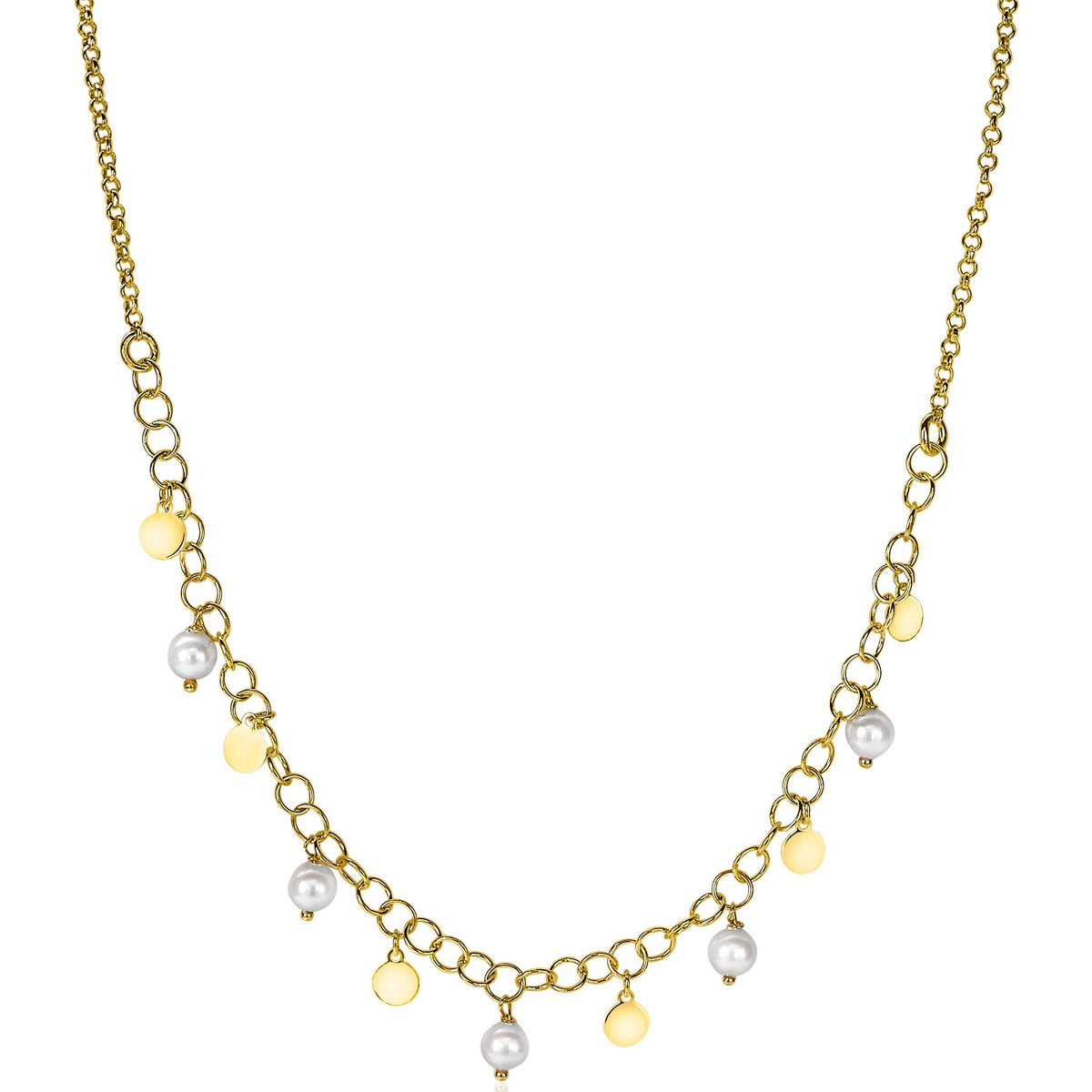 Collar dorado con charms y perlas blancas, de diseño delicado y moderno.