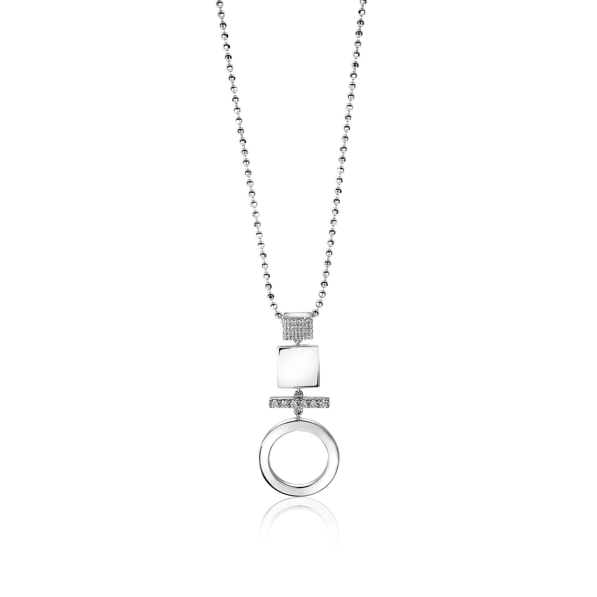 Colgante de plata con forma rectangular y aro, adornado con detalles brillantes.