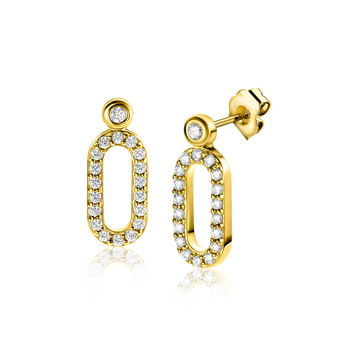 Pendientes de aro dorados con circonitas brillantes en forma ovalada.