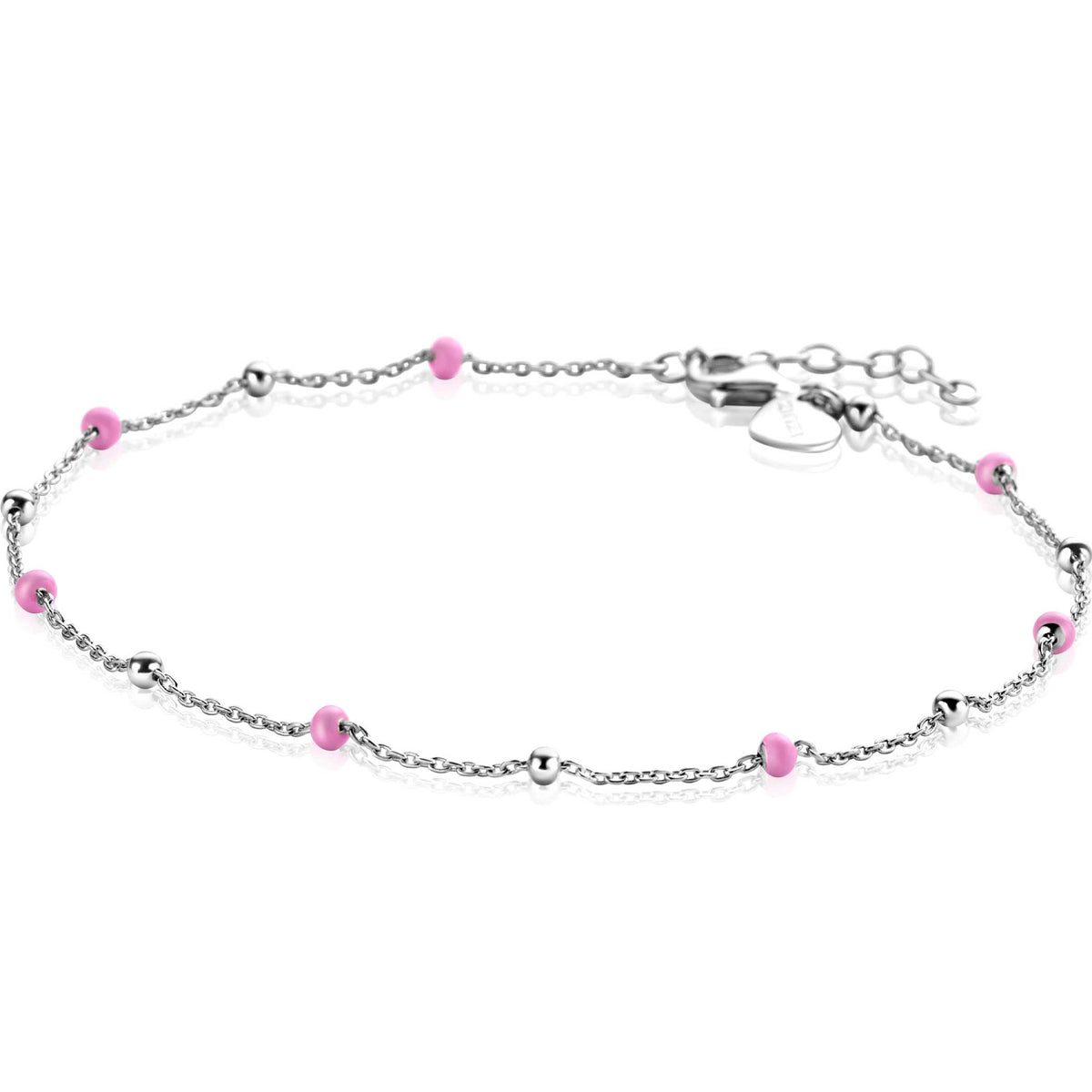 Cadena de plata con cuentas rosas y esferas brillantes.