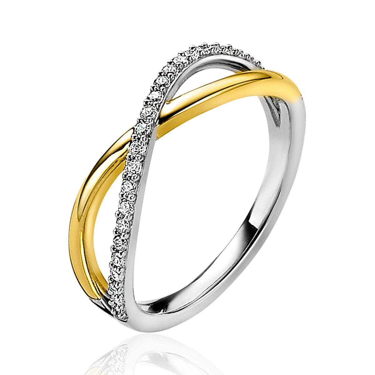 Anillo de plata con detalles en oro y circonitas brillantes en forma de infinito.