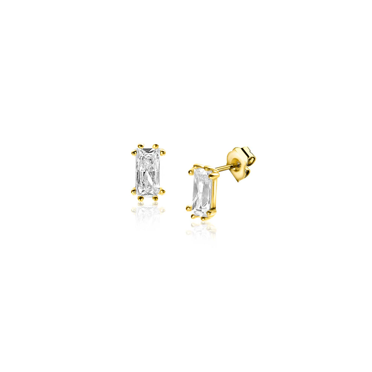 Pendientes de oro con piedra rectangular transparente.