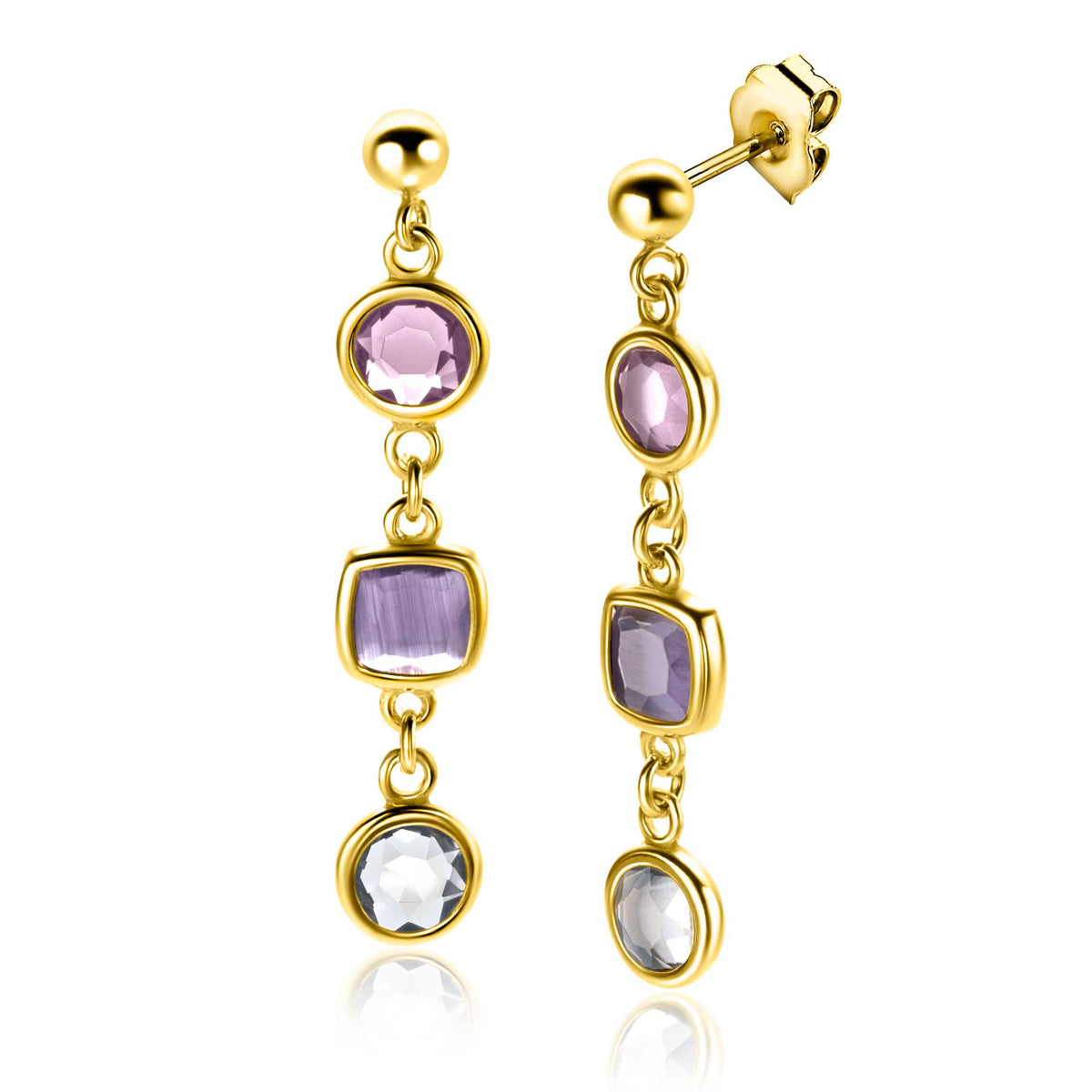 Pendientes largos dorados con piedras de colores en forma cuadrada y redonda.