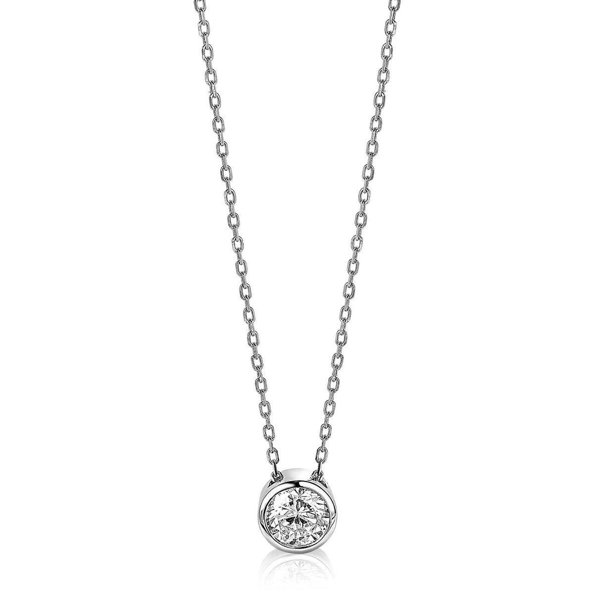Collar de plata con colgante circular y piedra brillante en el centro.