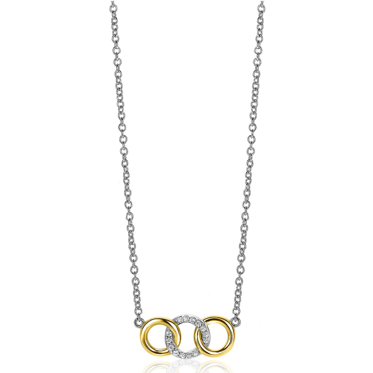 Collar de eslabones dorados y plateados con detalles de circonitas brillantes.