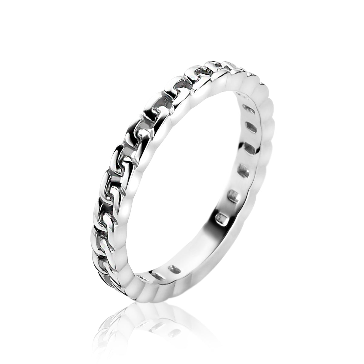 Anillo de plata con diseño de cadena y acabado pulido.