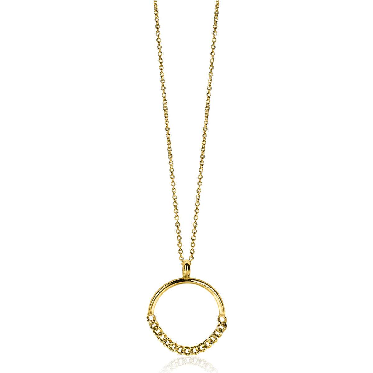 Colgante dorado con cadena y detalle de pequeñas esferas en la parte inferior.