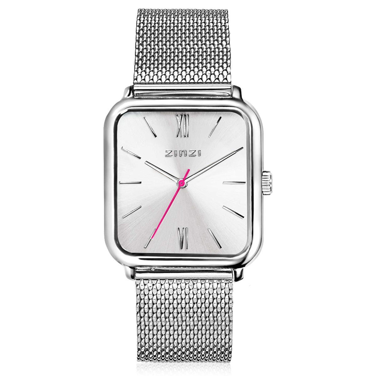 Reloj de acero plateado con esfera rectangular y malla metálica, detalles en rosa.