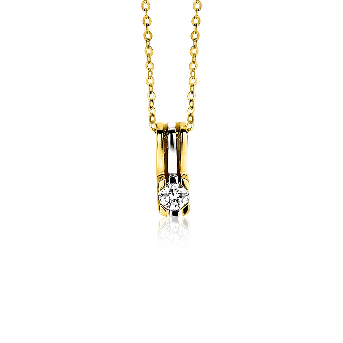 Colgante dorado con un diamante brillante, suspendido de una cadena delicada.