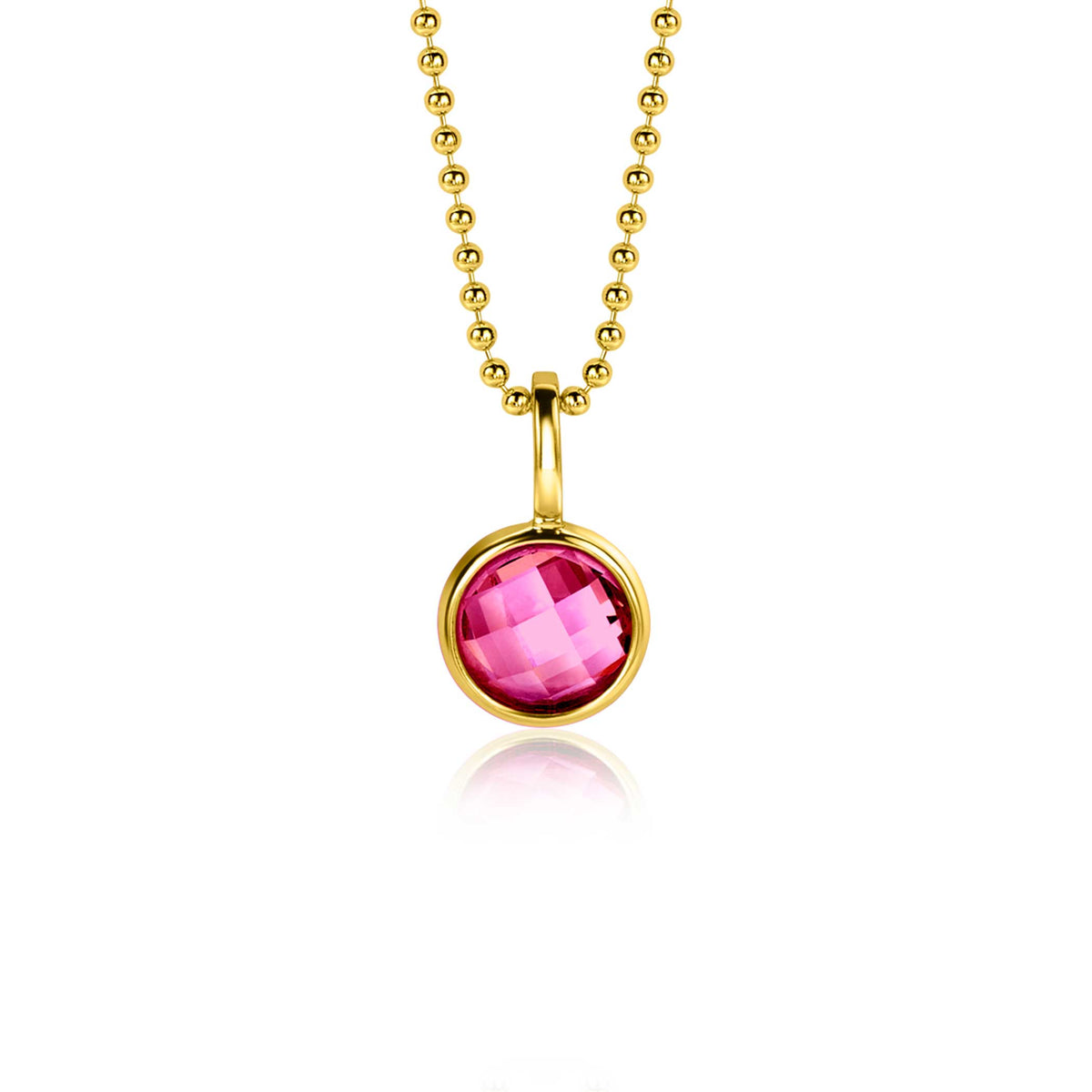Colgante dorado con piedra rosa en forma redonda, suspendido de una cadena de bolitas.