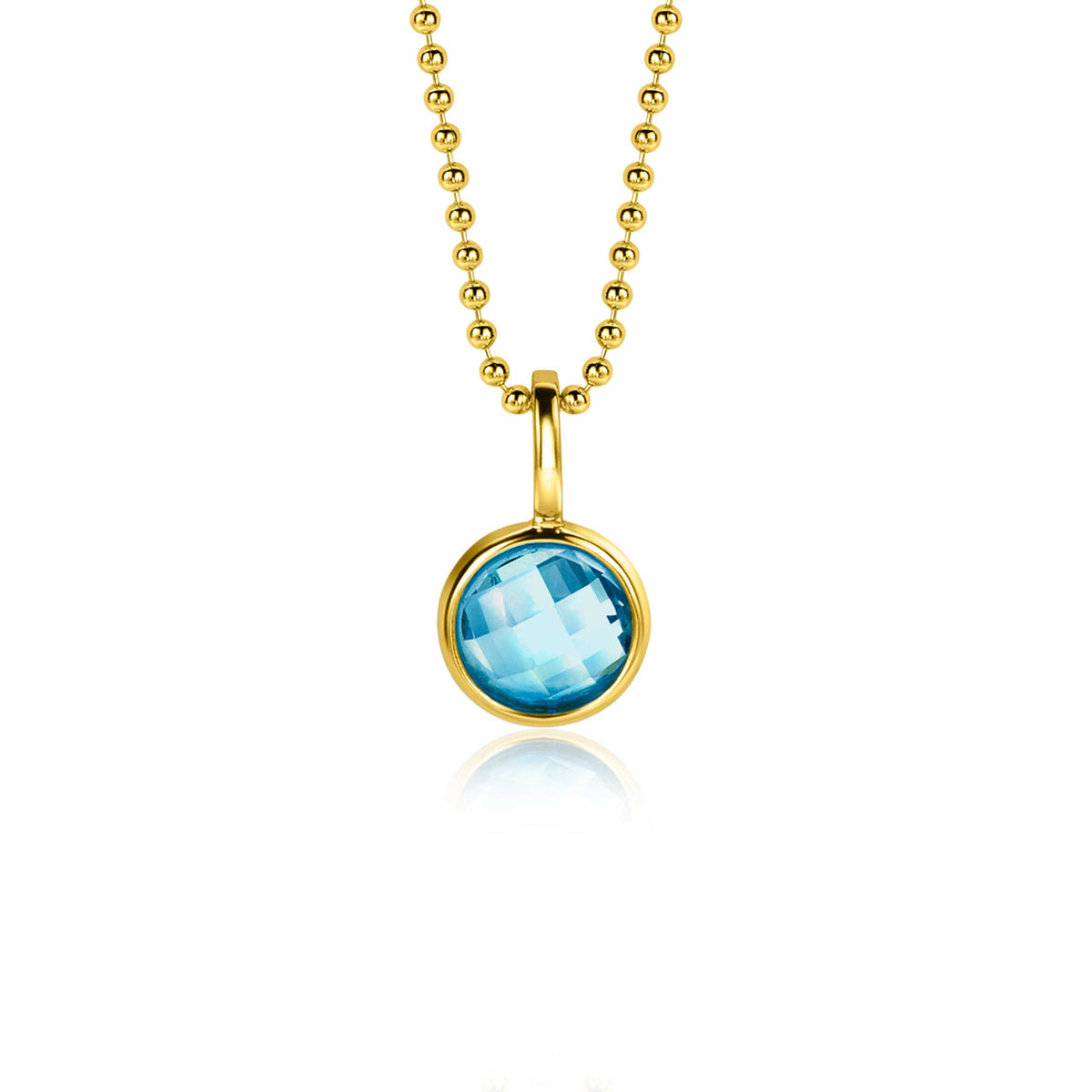 Colgante dorado con piedra azul en forma redonda, suspendido de una cadena de bolitas.