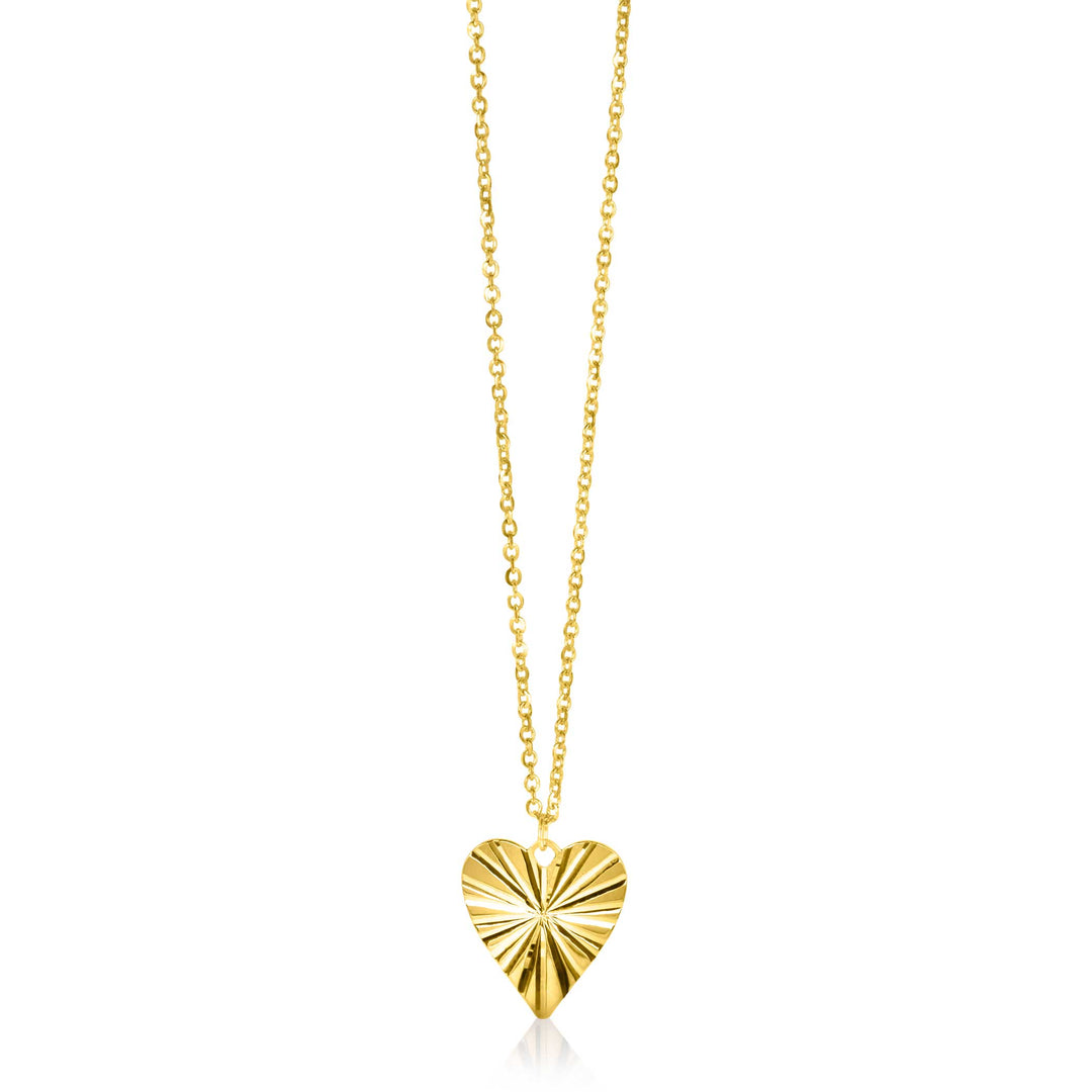 Ontdek de elegantie van de Zinzi Ketting Goud Zgc340, voorzien van een gepolijste ketting met een centraal geplaatste hartvormige hanger met een zonnestralenpatroon, dat verfijning en glans uitstraalt.
