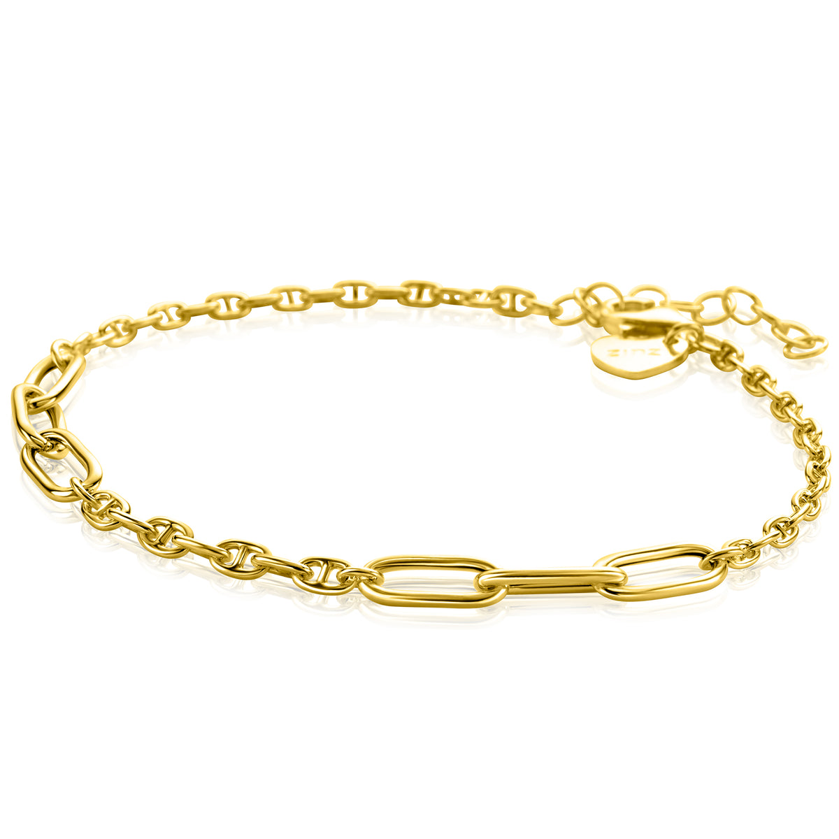 Pulsera dorada con eslabones alargados y cierre de langosta.