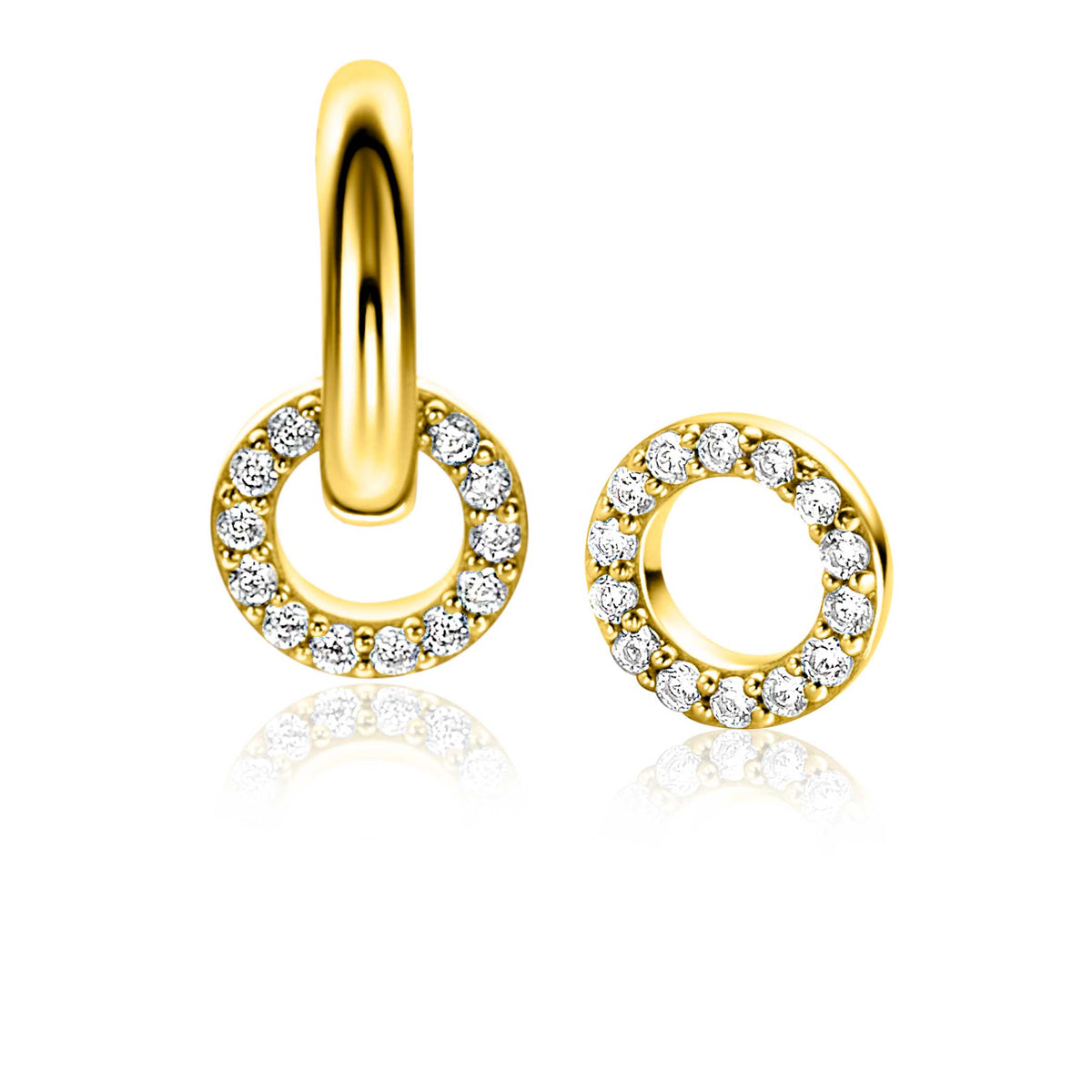Pendientes de aro dorados con circonitas brillantes en forma de círculo.