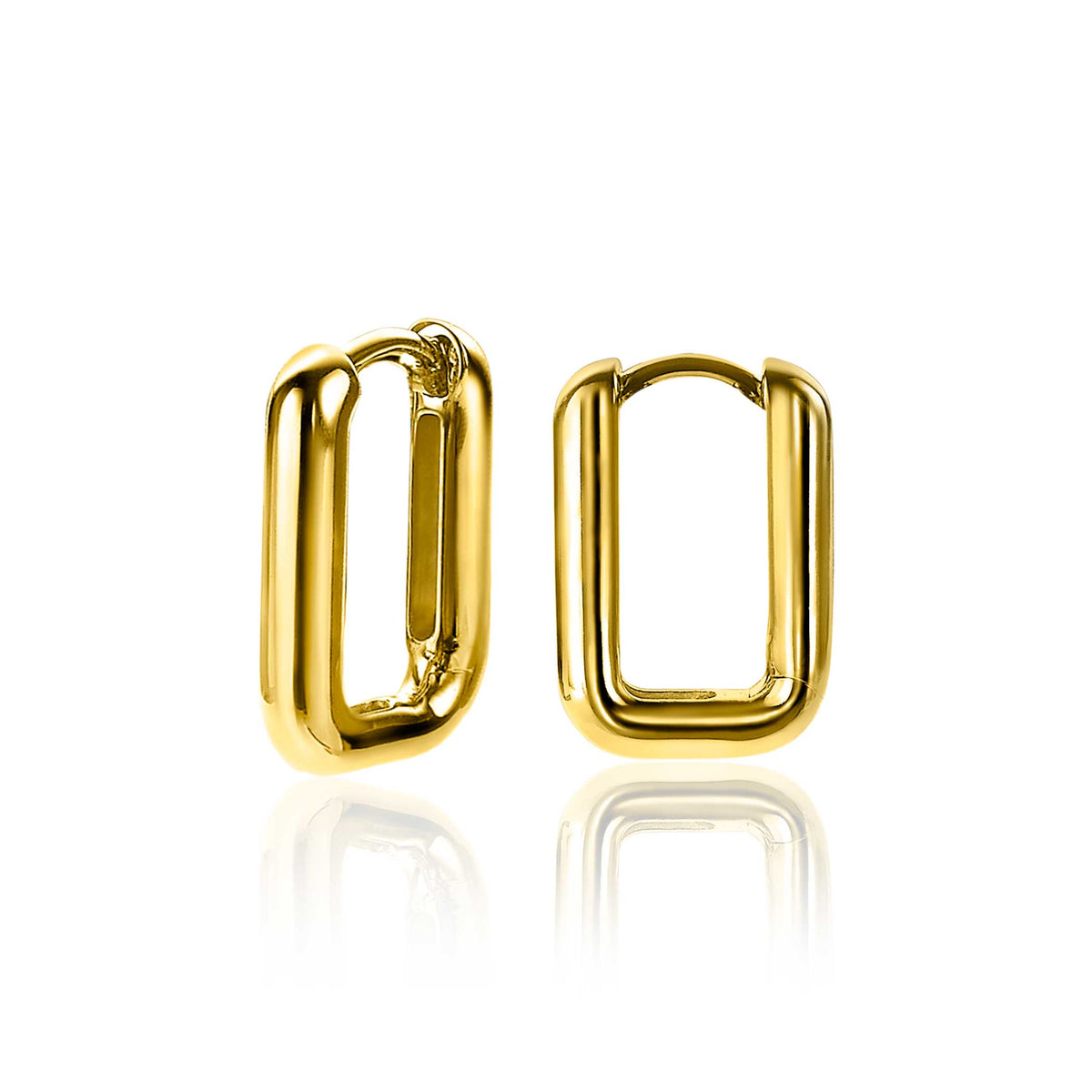 Pendientes de aro dorados con forma rectangular y acabado brillante.