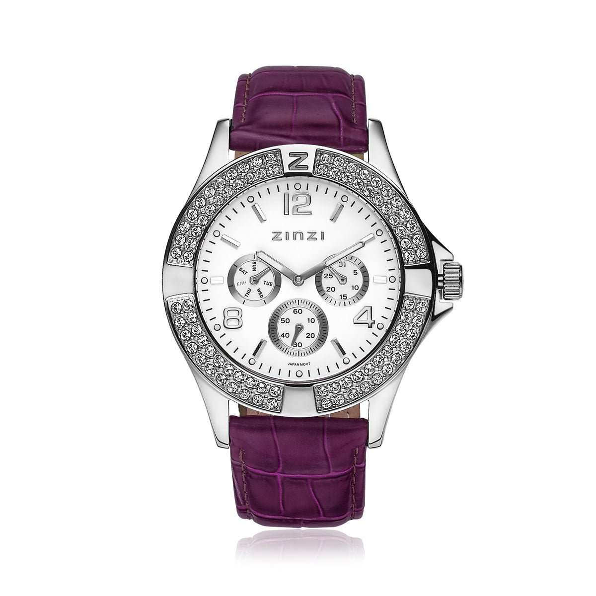 Reloj de acero plateado con esfera blanca, detalles brillantes y correa de piel morada.