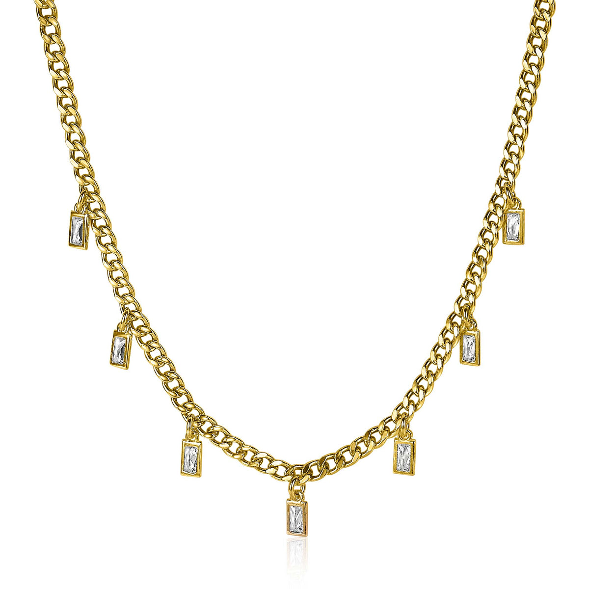 Collar dorado con eslabones y colgantes rectangulares de cristal.