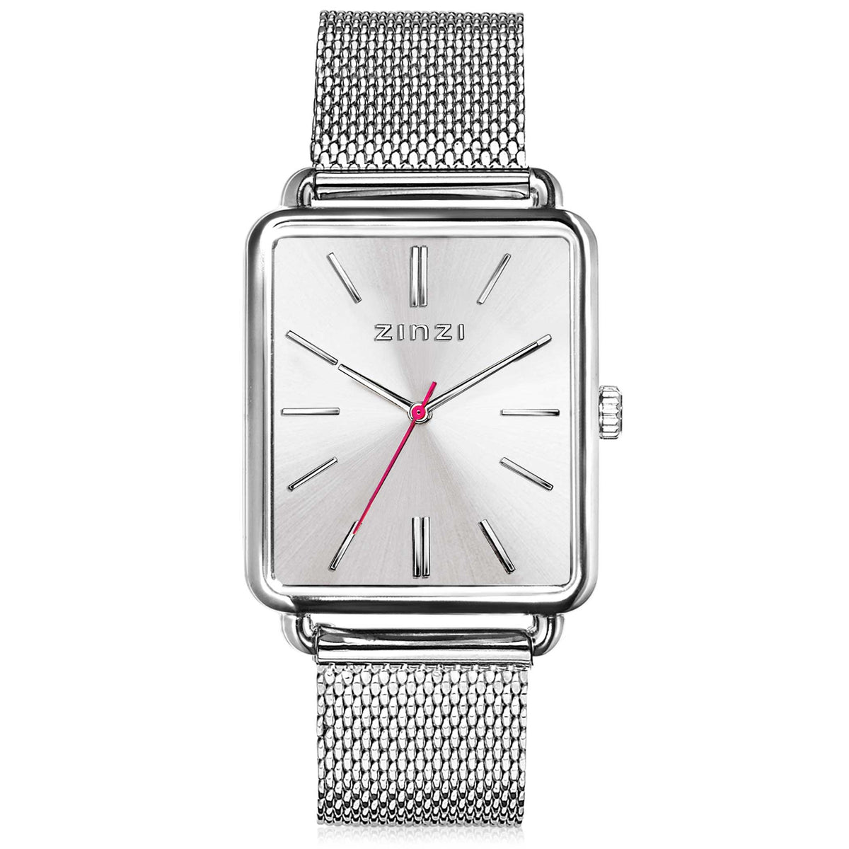 Reloj de acero plateado con caja rectangular y esfera clara, manecillas en rojo y correa de malla.