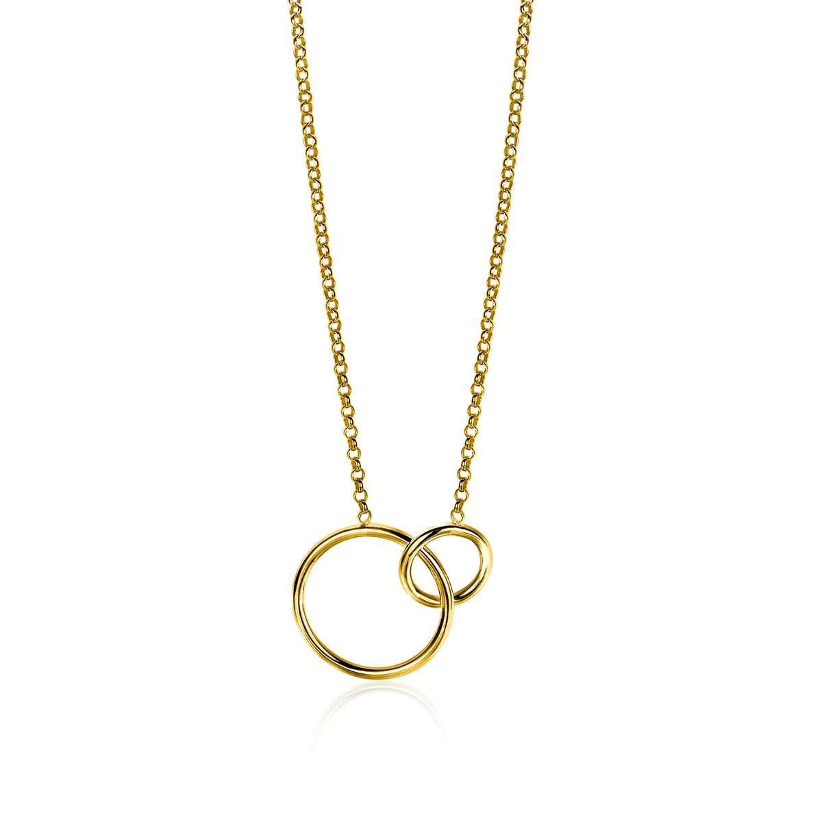 Collar dorado con dos aros entrelazados en un diseño moderno y minimalista.