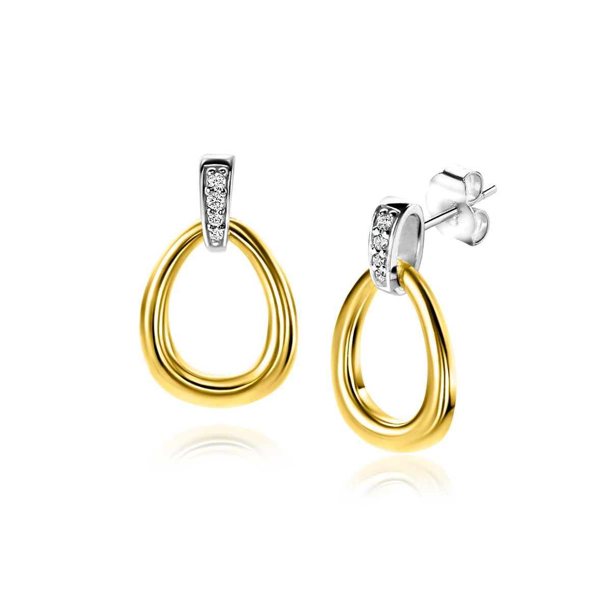 Pendientes de aro dorados con detalles plateados y piedras brillantes.