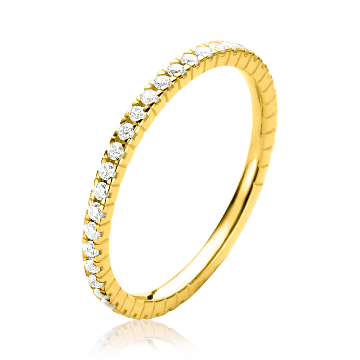 Anillo dorado con piedras brillantes en un diseño delgado y texturizado.