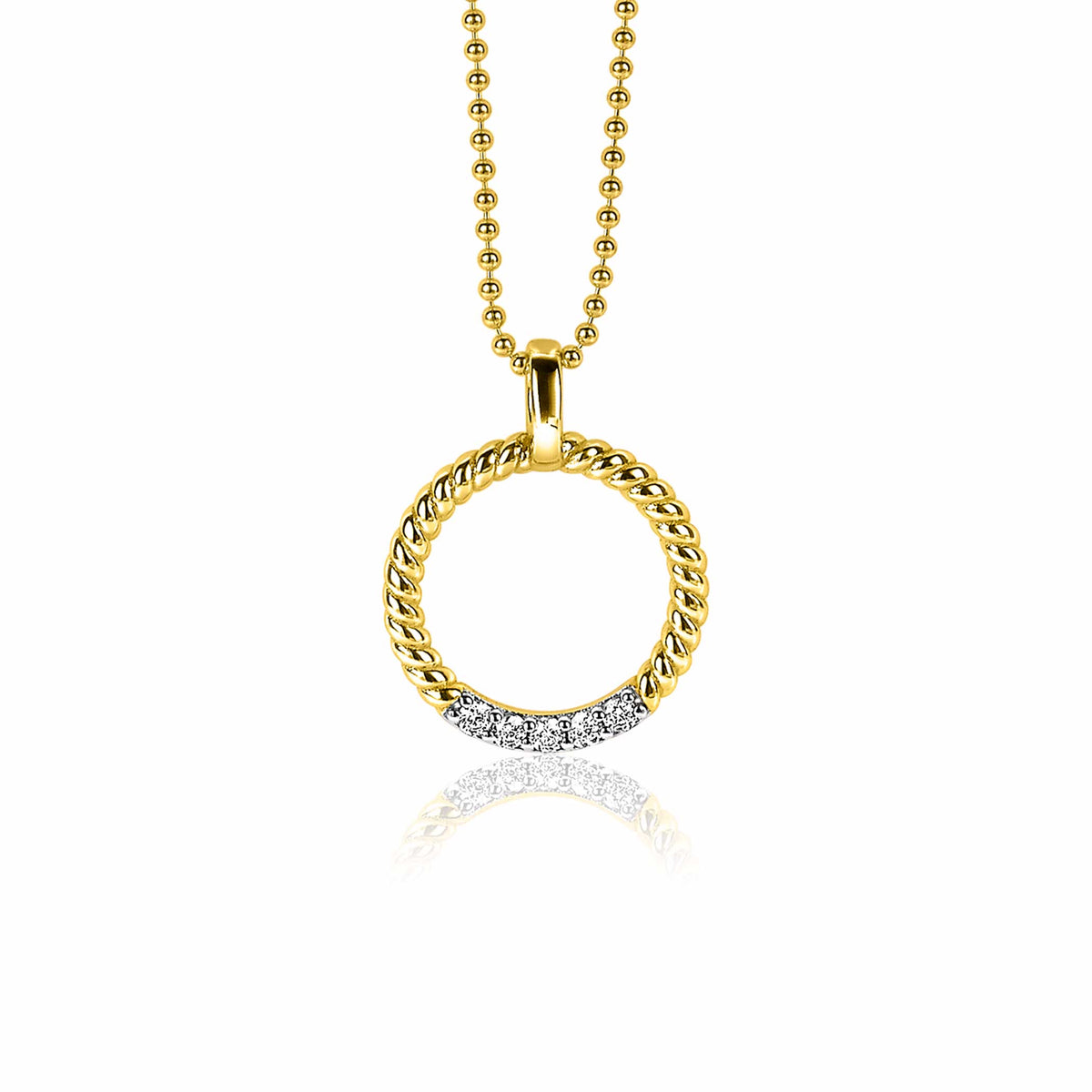Colgante dorado con diseño trenzado y detalles de piedras brillantes en la parte inferior.