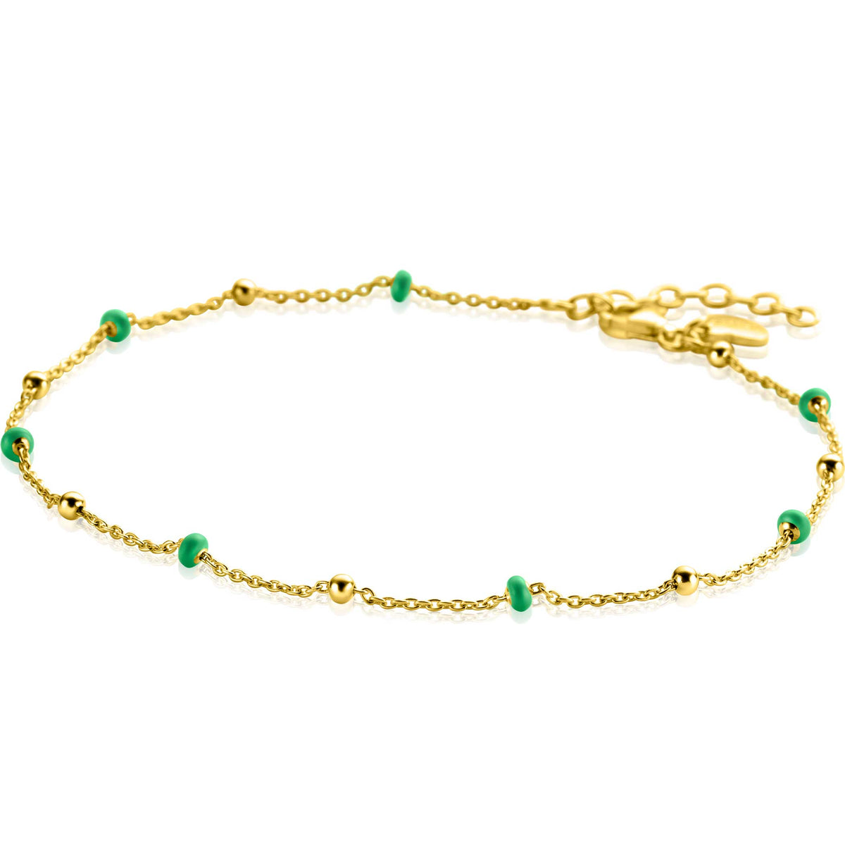 Cadena dorada con detalles en verde y eslabones delicados.
