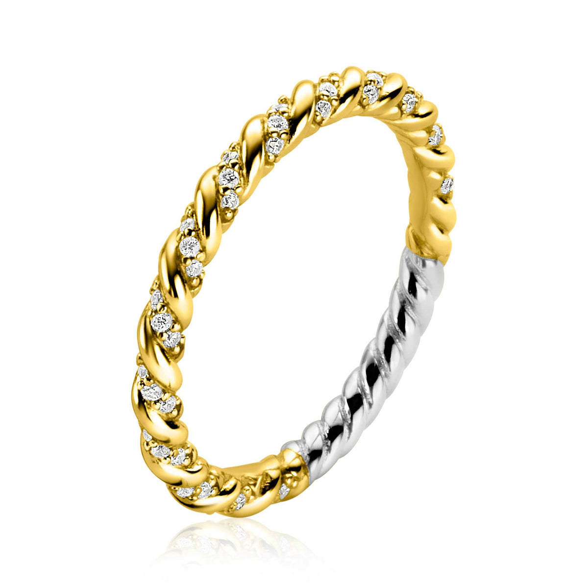 Anillo dorado trenzado con detalles en plata y circonitas brillantes.