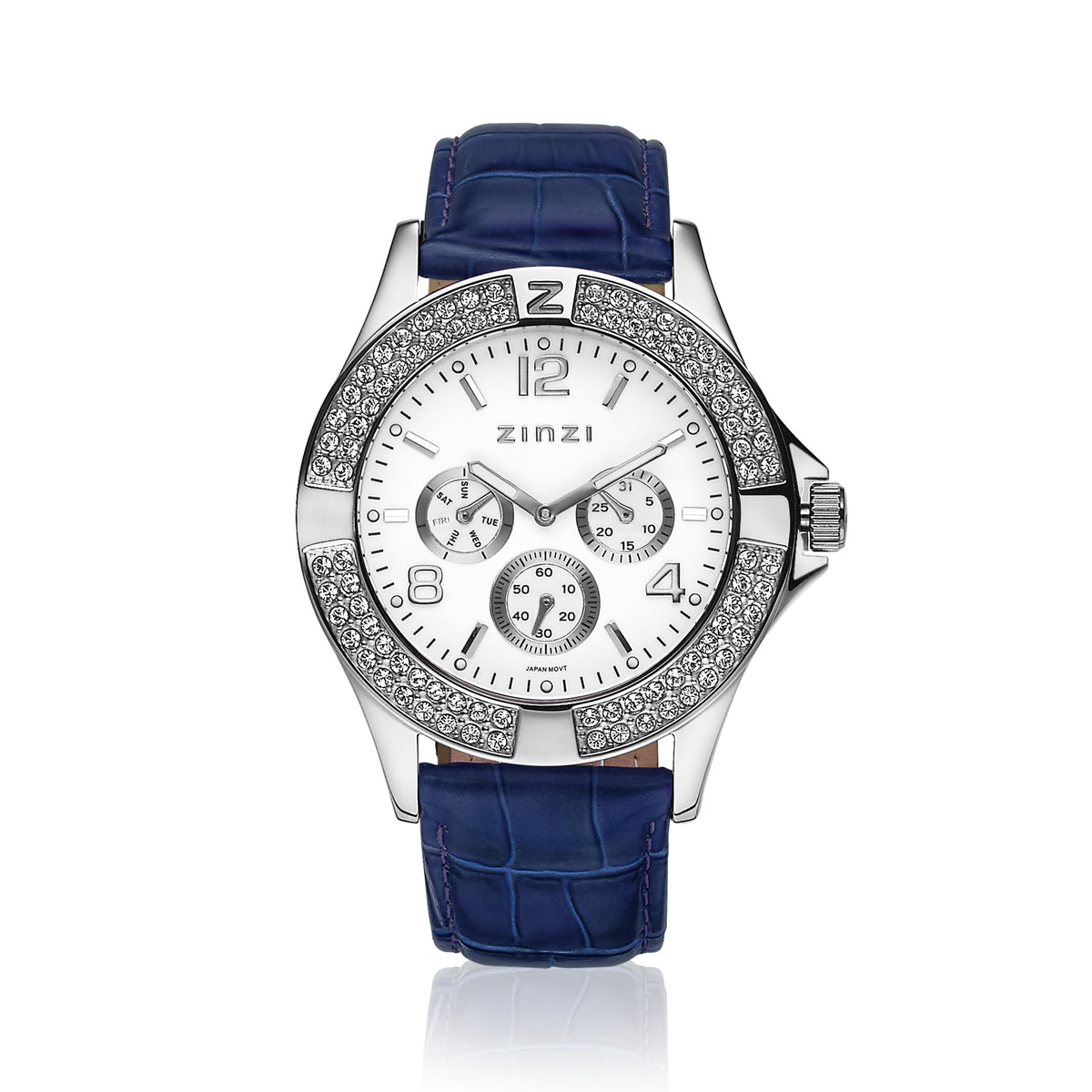 Reloj de acero plateado con esfera blanca, detalles brillantes y correa de piel azul.