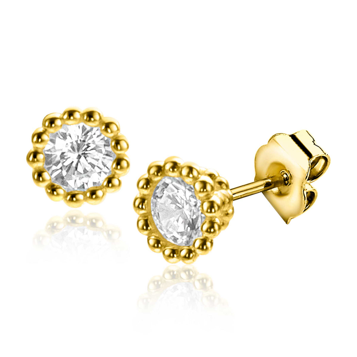 Pendientes de oro con circonitas transparentes y detalle de bolitas.