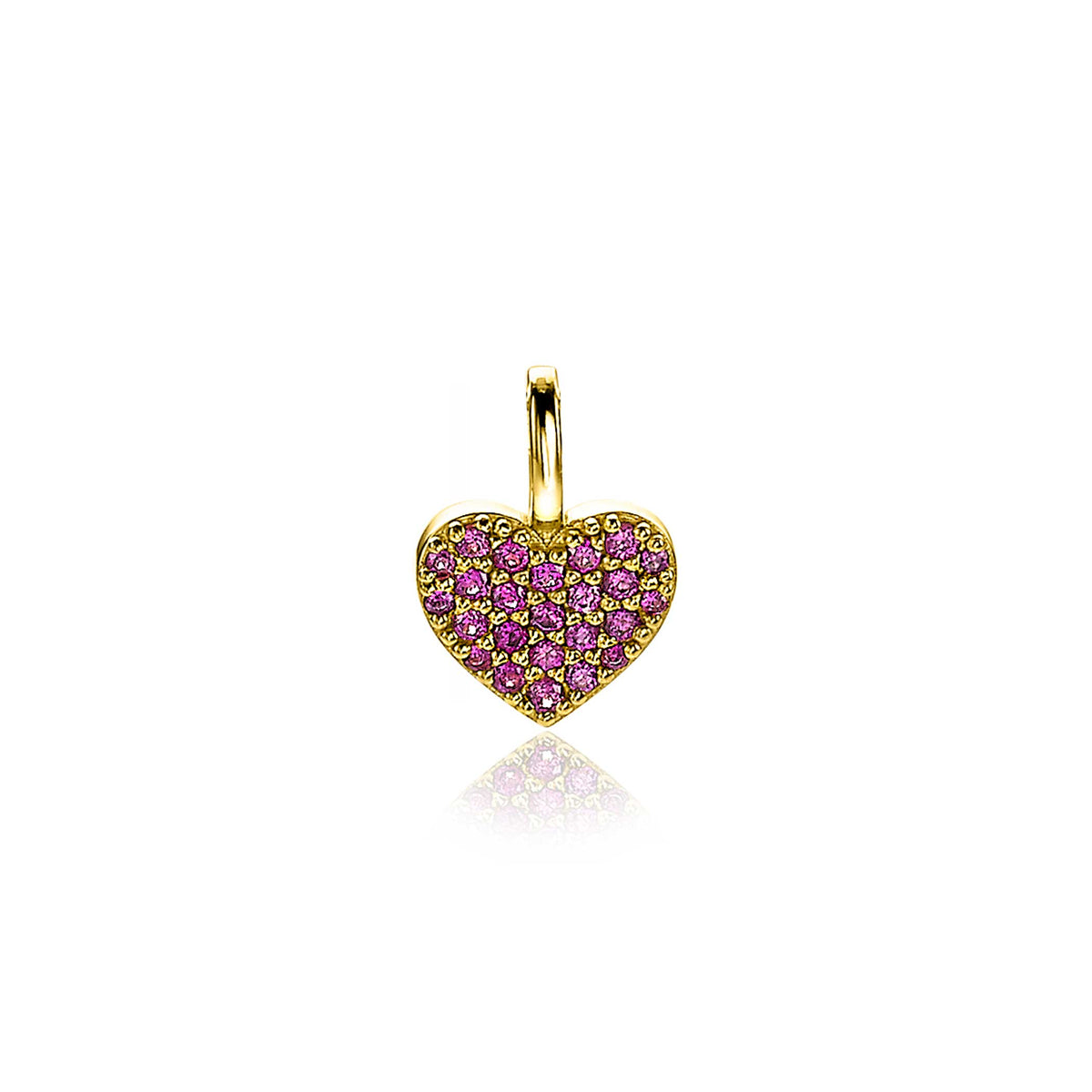 Colgante en forma de corazón dorado con piedras rosas brillantes.