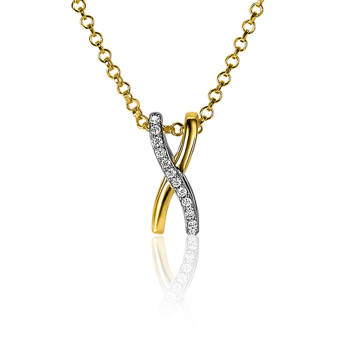 Colgante bañado en oro con diseño entrelazado y detalles de circonitas brillantes.