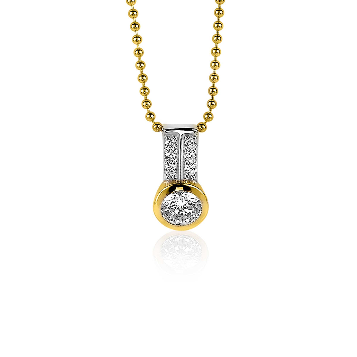 Colgante de plata con detalle dorado y piedra brillante, suspendido de una cadena de bolitas.