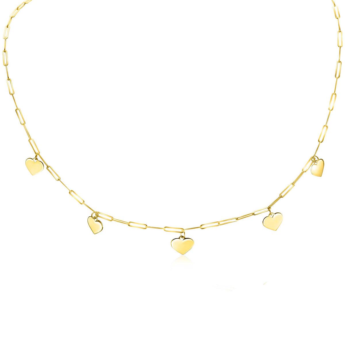 Collar dorado con eslabones y cinco colgantes en forma de corazón.