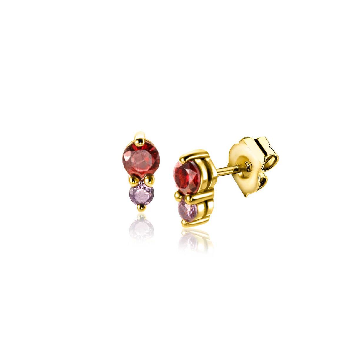 Pendientes de oro con piedras de colores rojo y púrpura, diseño moderno y delicado.