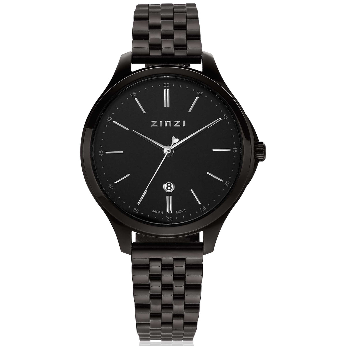 Reloj negro de acero con esfera negra y correa de malla.
