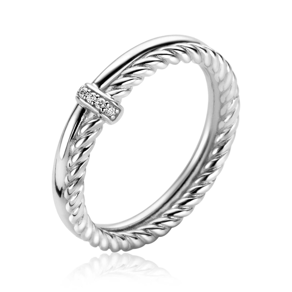 Anillo de plata con diseño trenzado y detalle de piedras brillantes.