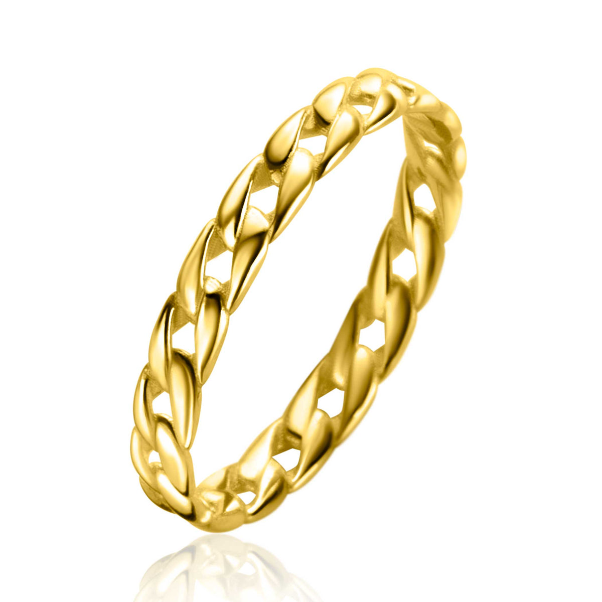 Anillo dorado trenzado con un diseño elegante y detalles brillantes.