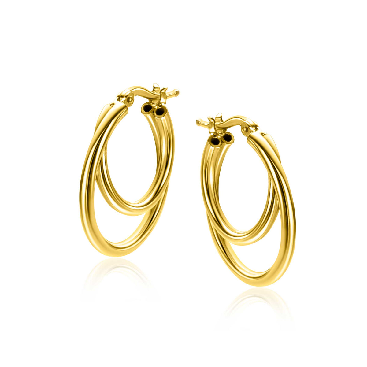 Pendientes de aro dorados con diseño de doble anillo y cierre de presión.