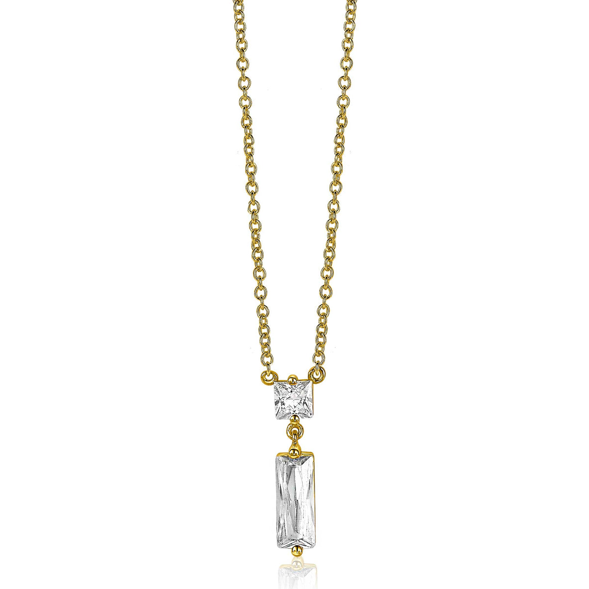 Cadena dorada con colgante rectangular y cuadrado, adornada con piedras brillantes.