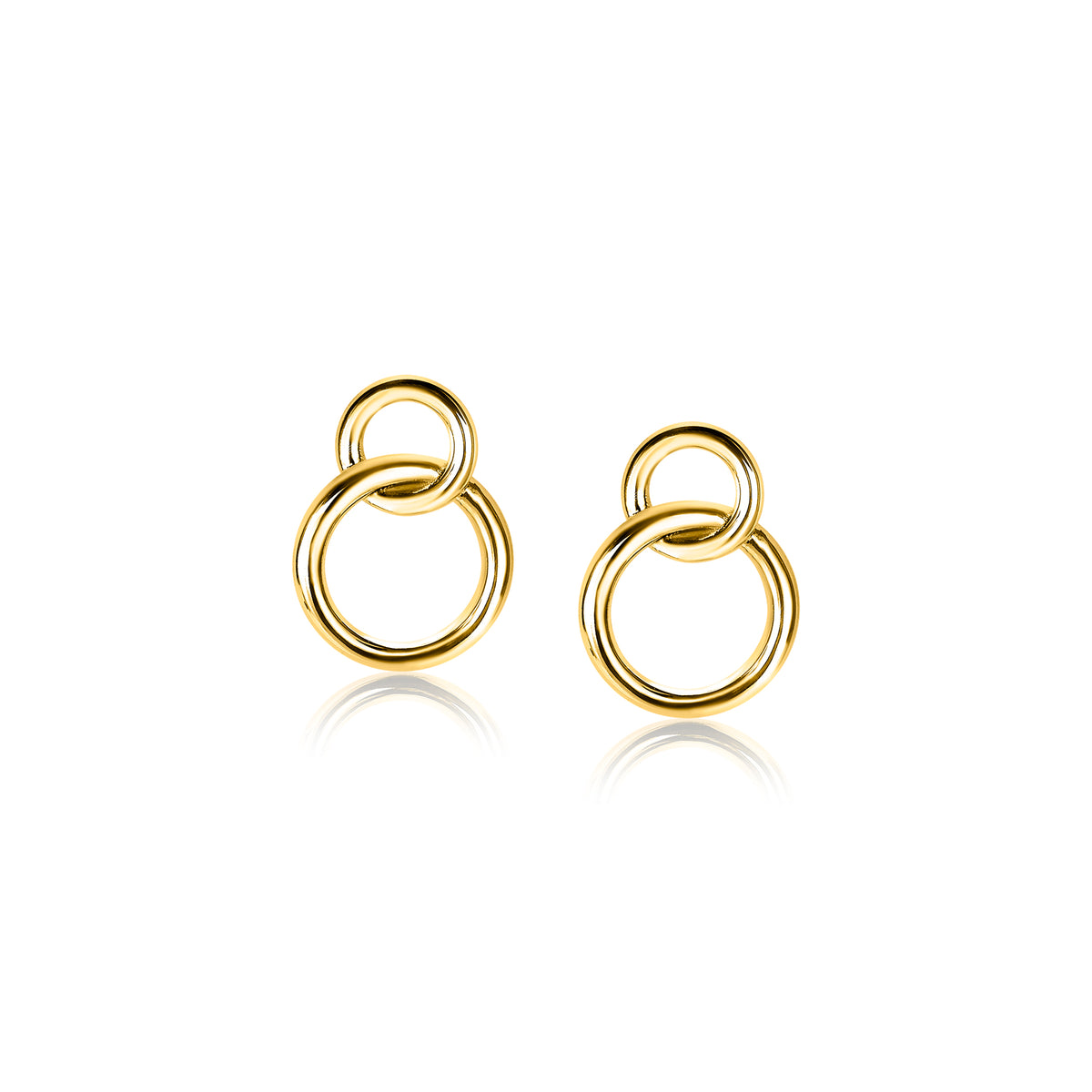 Pendientes de aro dorados con diseño entrelazado de dos círculos.