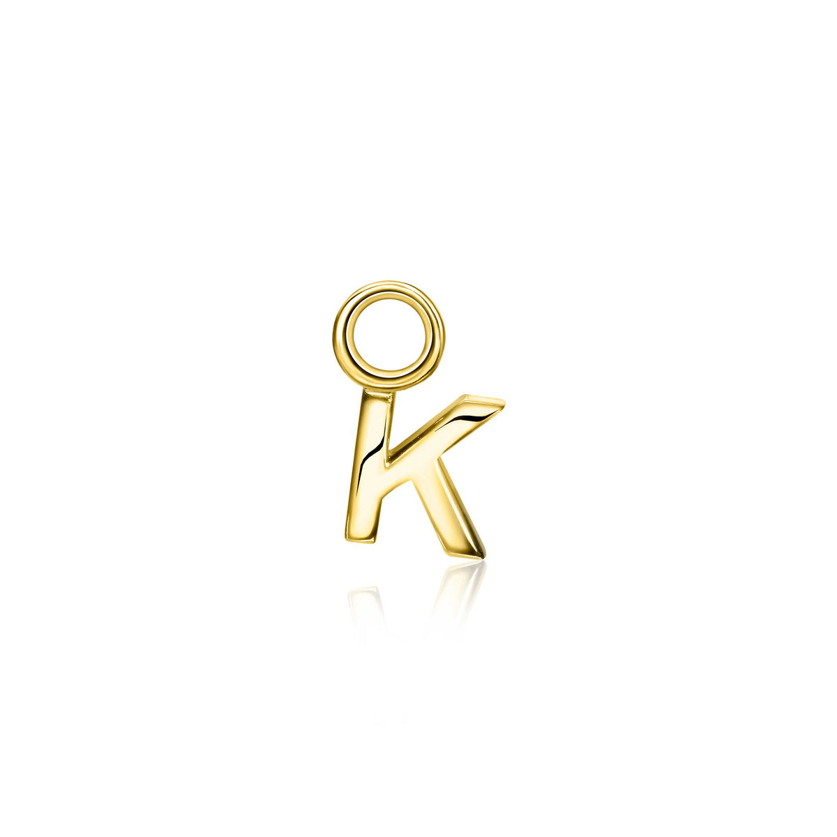 Pendiente de oro con forma de letra K, acabado brillante y diseño moderno.