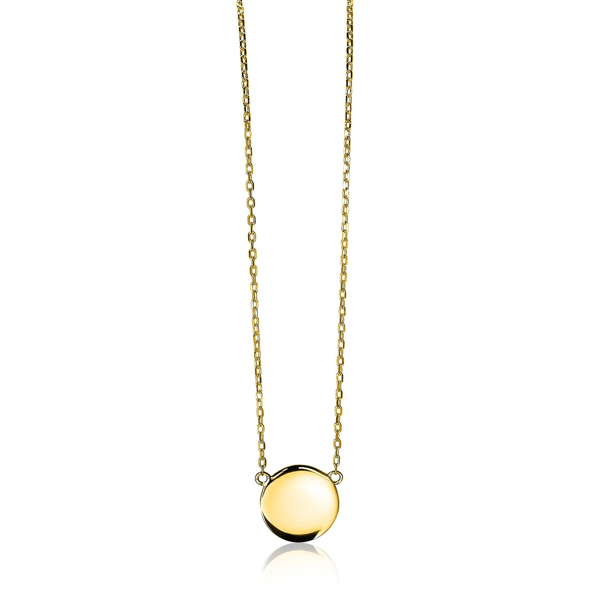 Collar dorado con colgante redondo y pulsera fina.