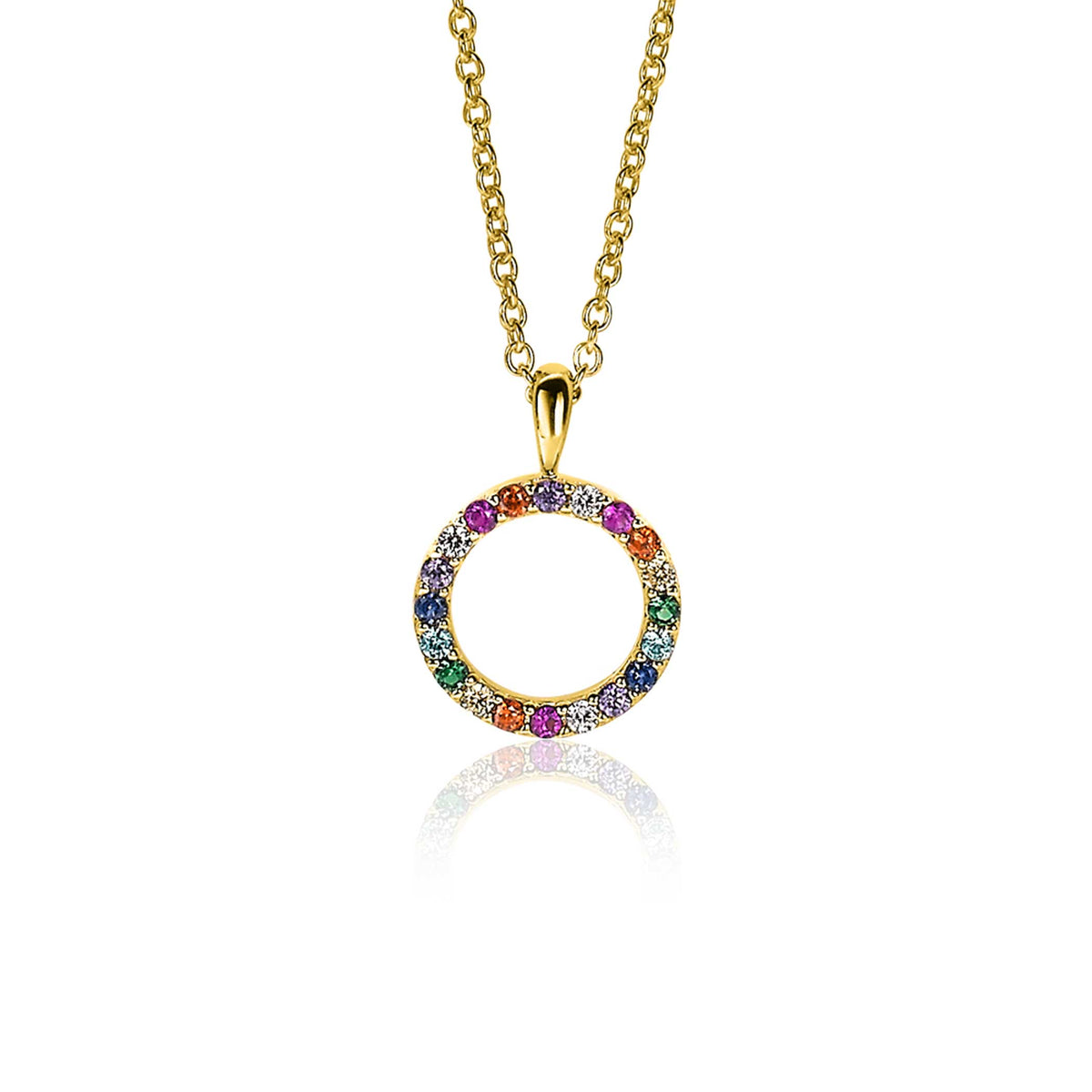 Colgante dorado con forma de círculo y piedras de colores brillantes, suspendido de una cadena.