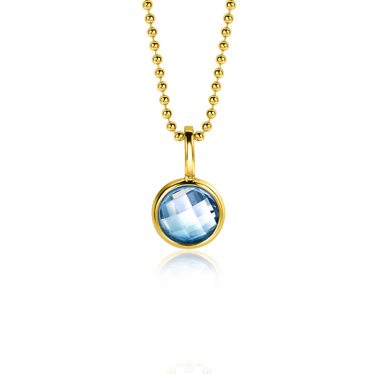 Colgante dorado con piedra azul facetada y cadena de bolitas.