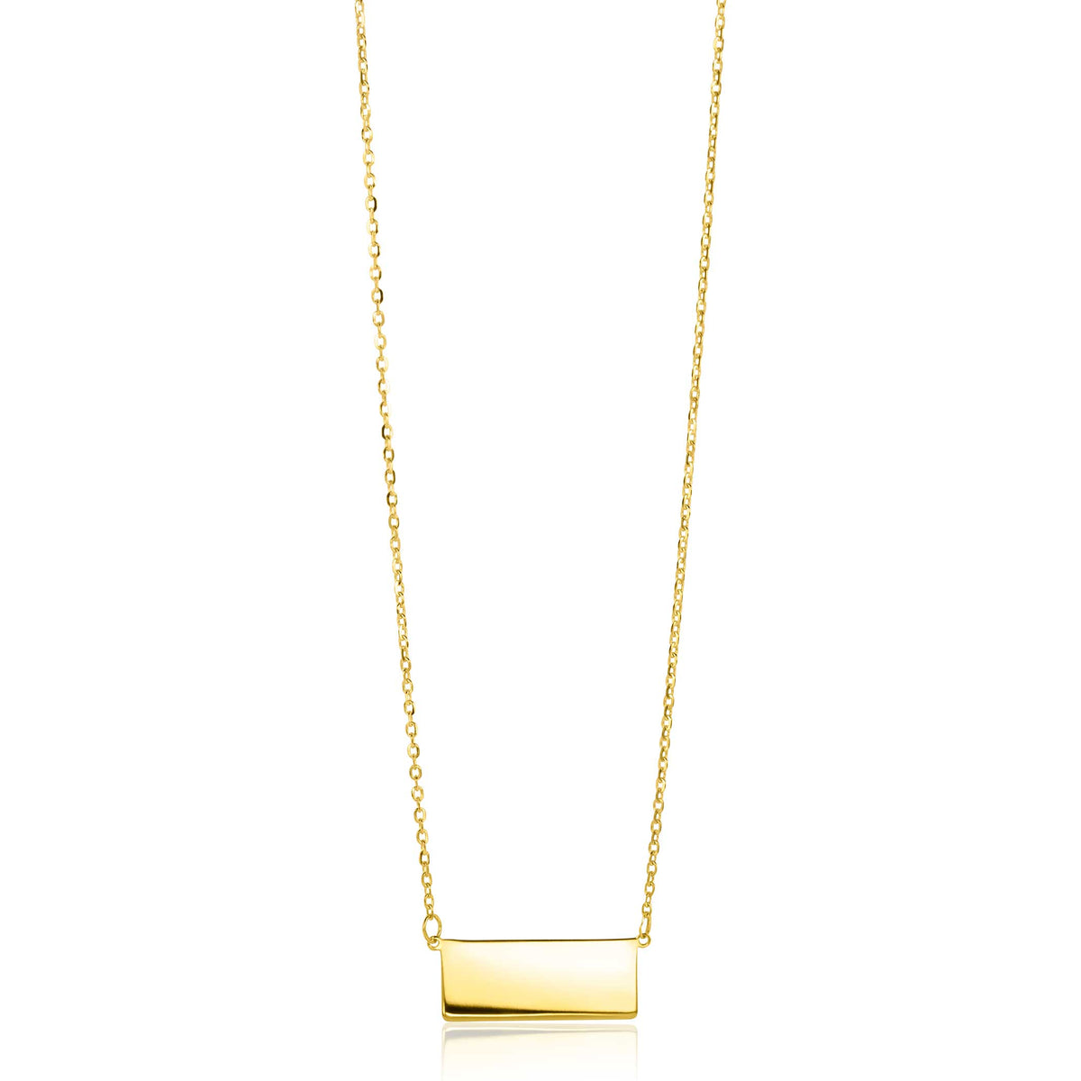 Collar dorado con un colgante rectangular liso y cadena delicada.