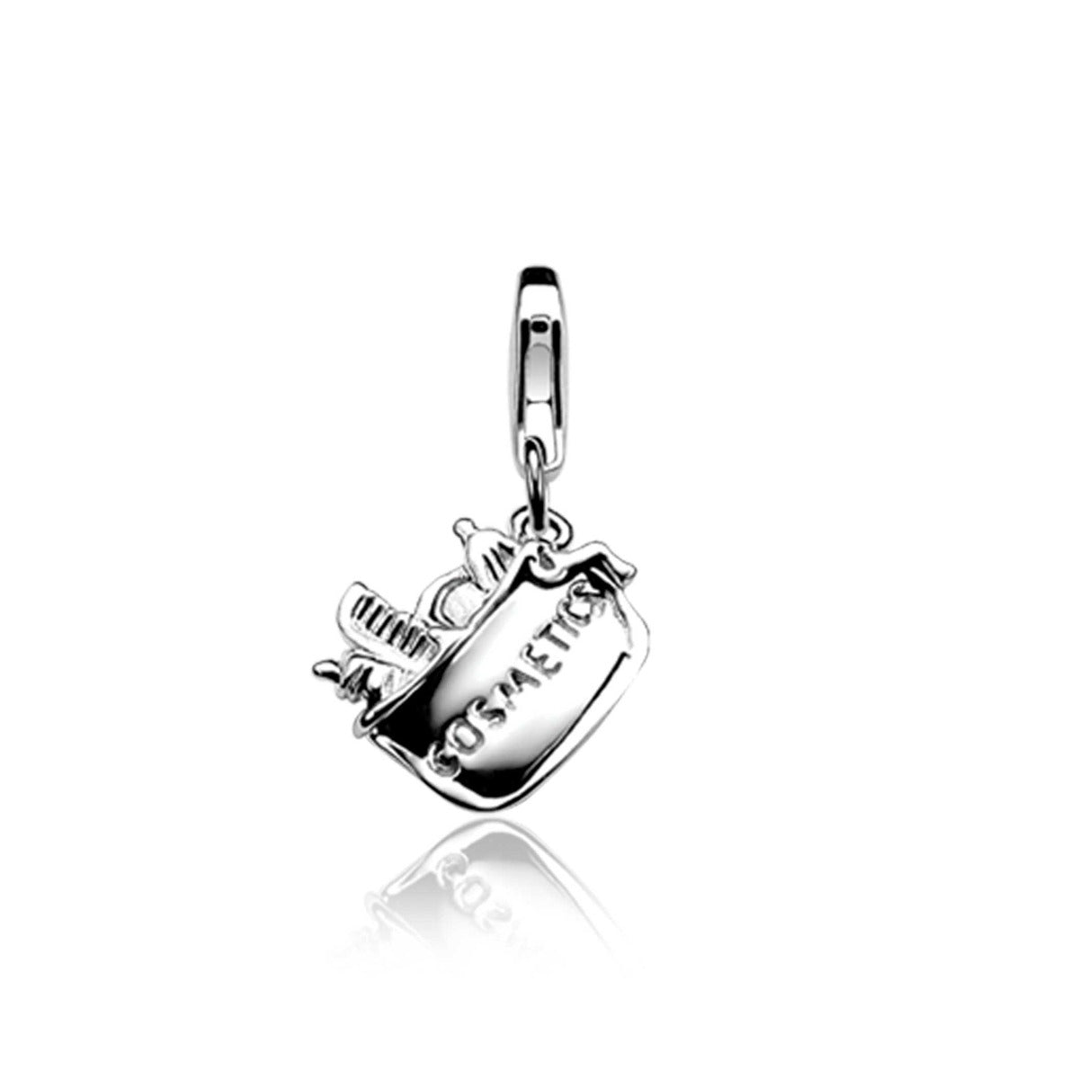 Colgante de plata con forma de neceser de maquillaje y detalles de pinceles.