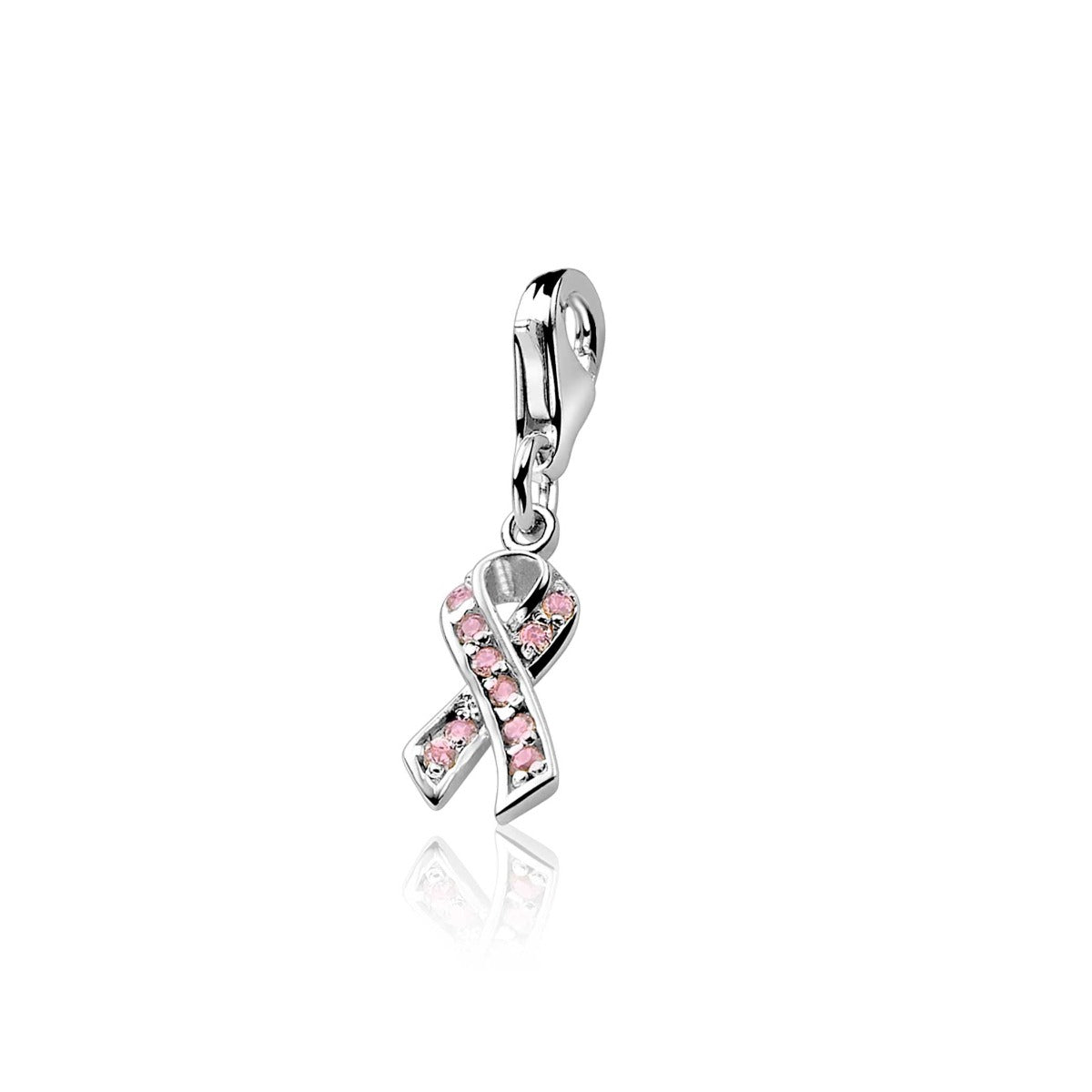 Colgante de plata con forma de lazo, decorado con piedras rosas y brillantes.