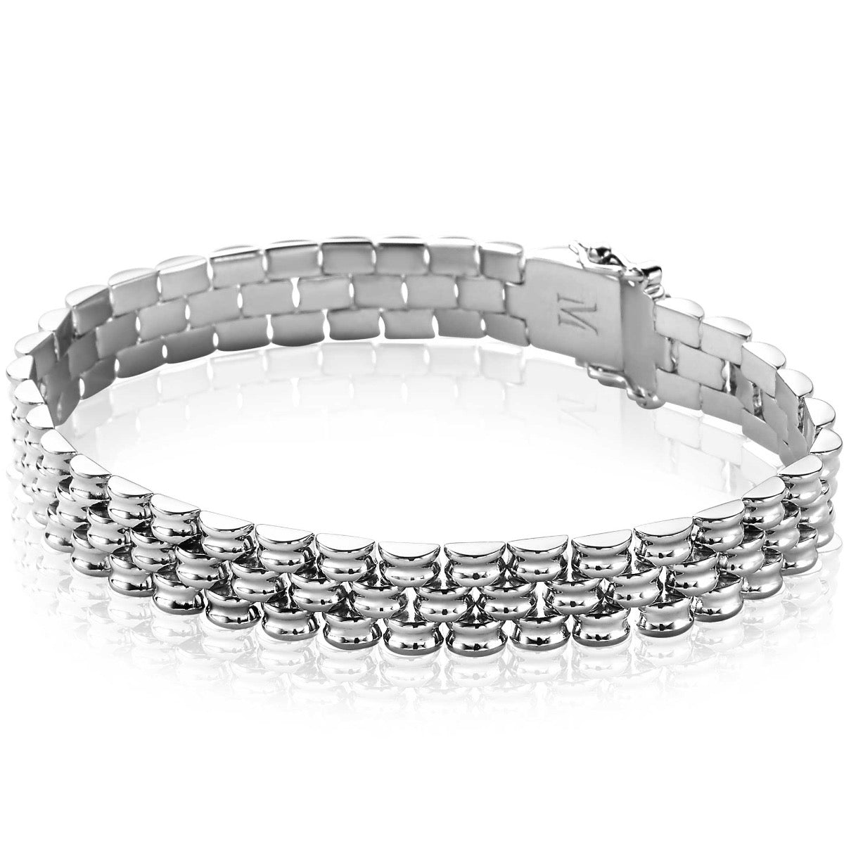 Pulsera de plata con diseño de eslabones y detalles redondeados.