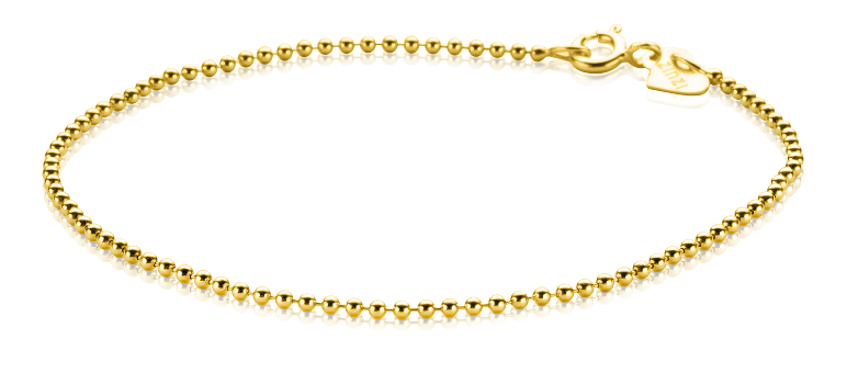 De Zinzi Armband Goud ZGA292, een delicaat gouden stuk van Zinzi, heeft een hartvormige bedel en wordt plat op een witte achtergrond getoond. Het gepolijste oppervlak en klassieke ontwerp met gouden kralen maken het een elegant statement accessoire.
